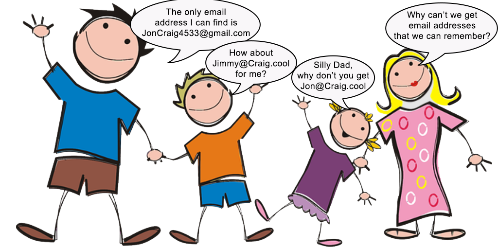 A family of 4 stick like characters praising the attributes of having an email address @Craig.Cool.